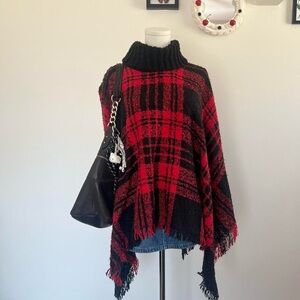 Steve Madden Red & Black Plaid Turtleneck Poncho